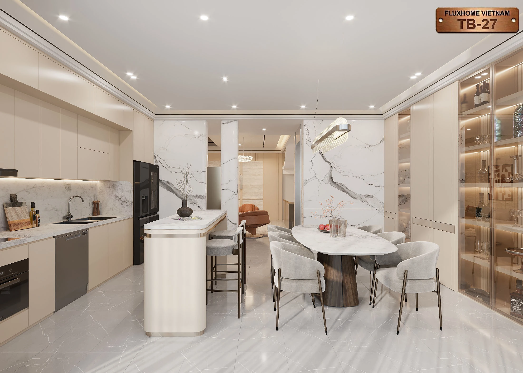 Không gian bếp mở Fluxhome kết hợp bàn ăn TB27
