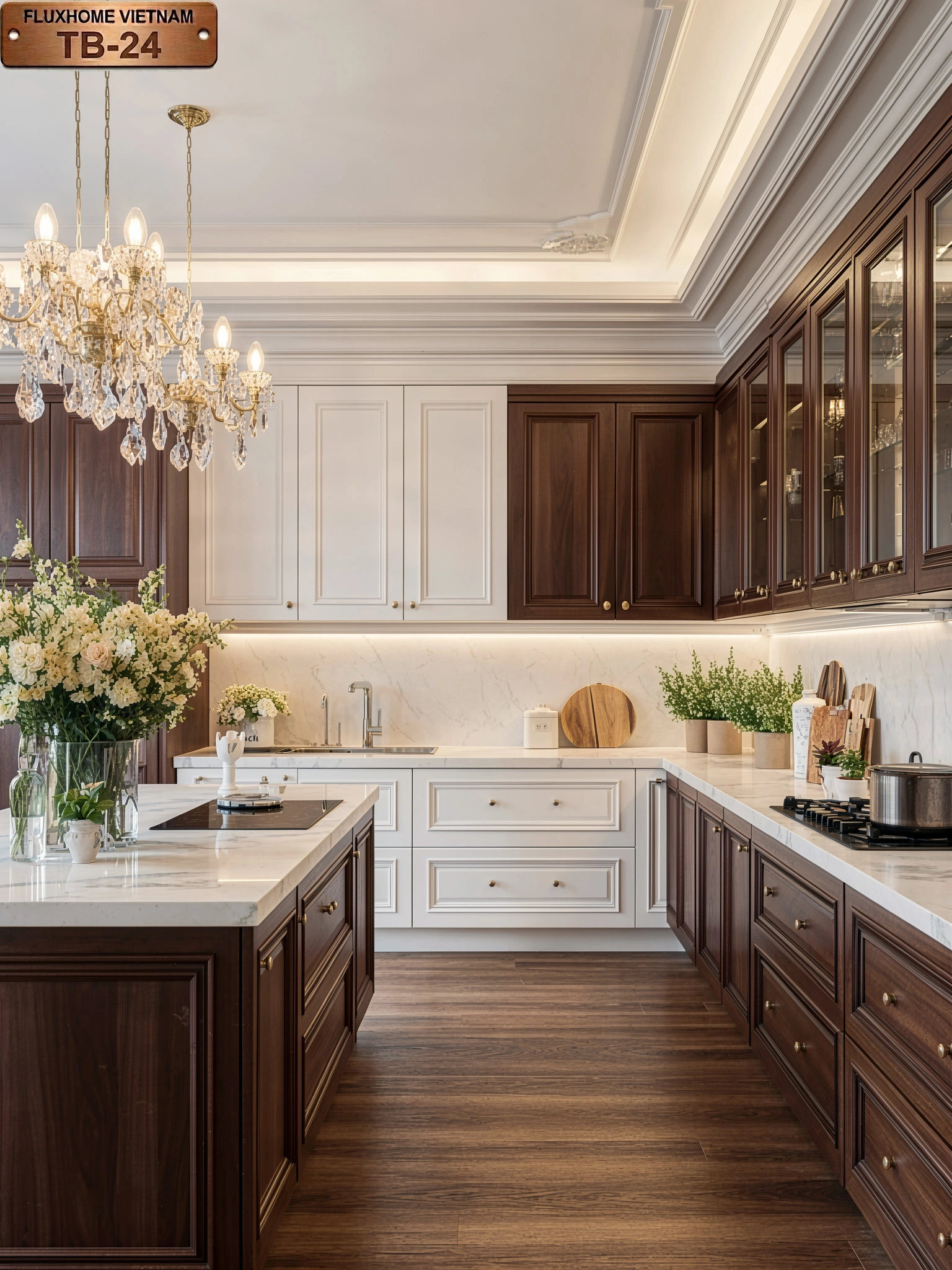 Không gian tủ bếp trắng tân cổ điển sang trọng do Fluxhome thiết kế TB25
