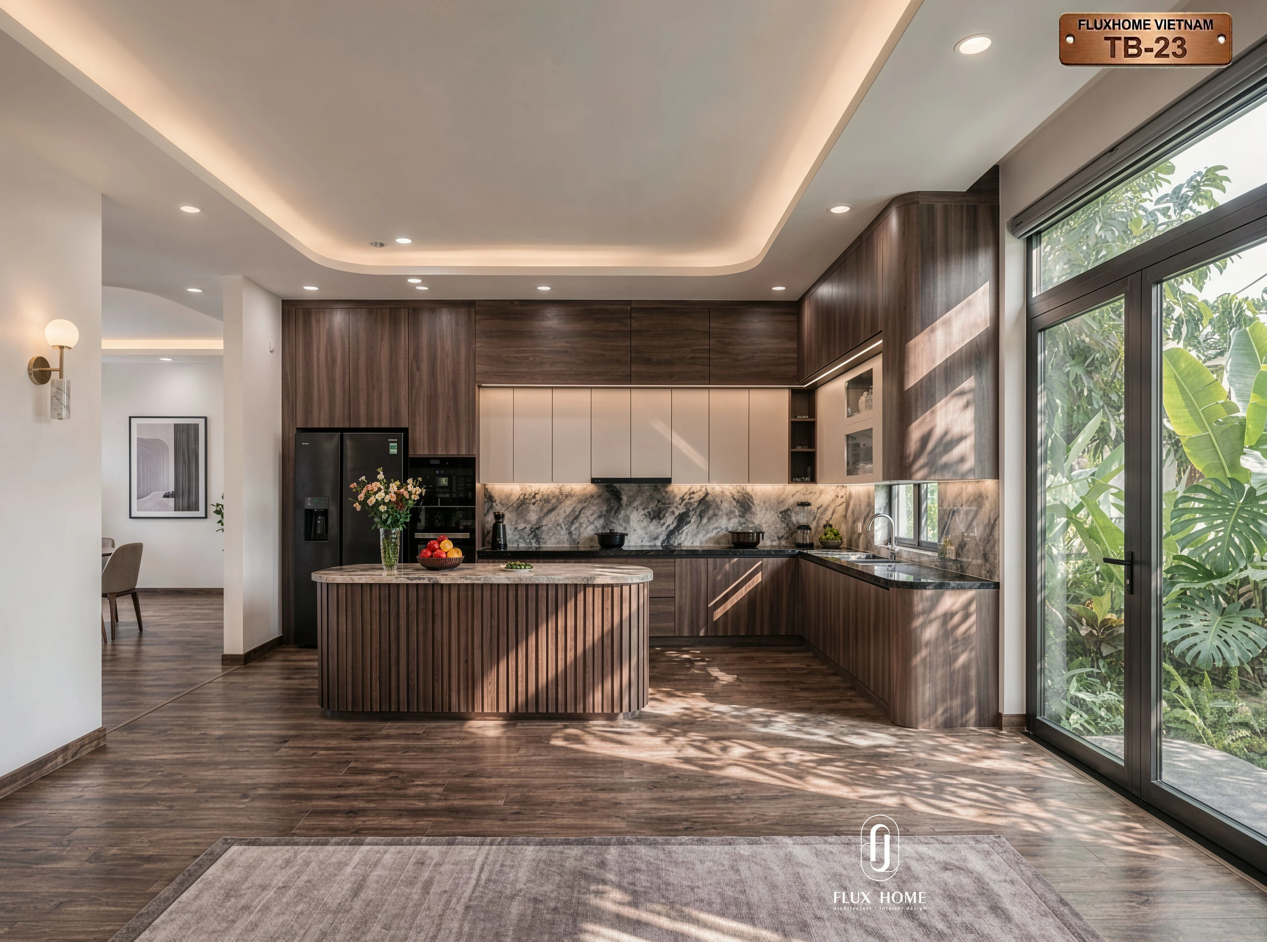 Tủ bếp hiện đại màu gỗ kết hợp màu trắng với đảo bếp trung tâm sang trọng TB23
