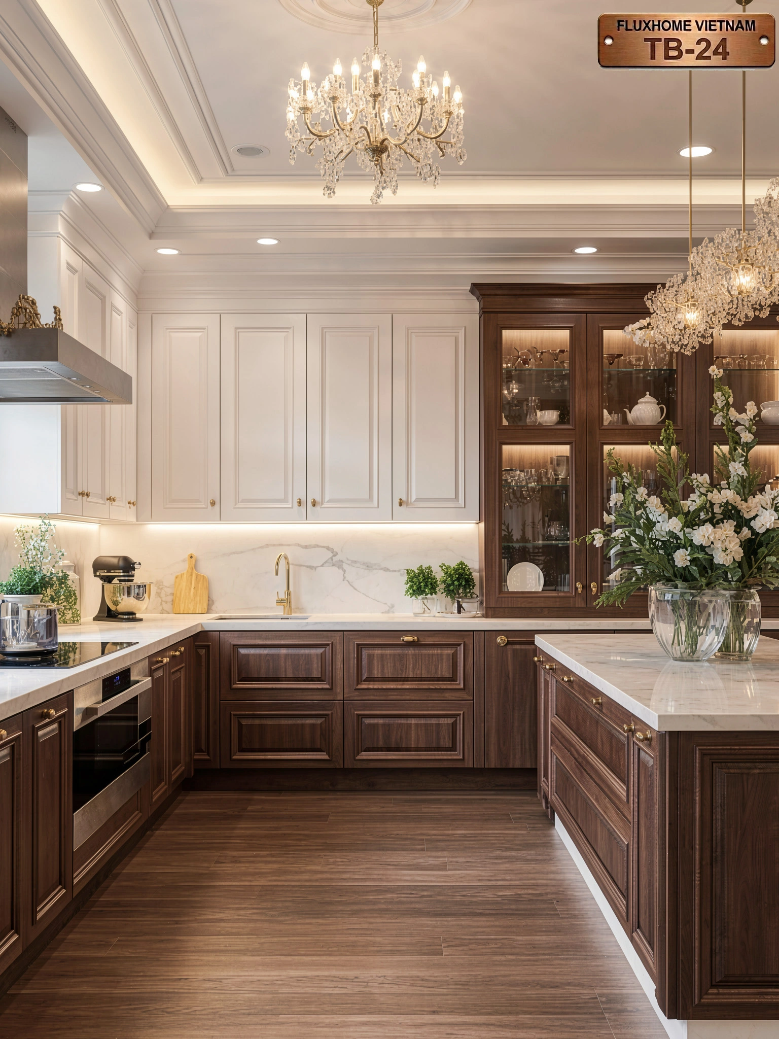 Tủ bếp sơn trắng Inchem phong cách tân cổ điển do Fluxhome thiết kế TB25